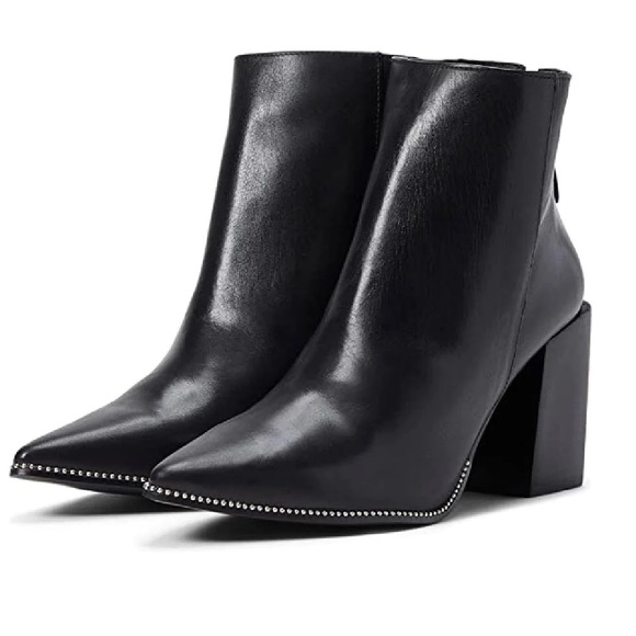 NEW Steve Madden Olga Black Leather Heeled Boots - Picture 1 of 5